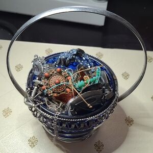 Blue Colbalt Glass Trinket Basket with Mixed Wearable Vintage To Modern Jewelry